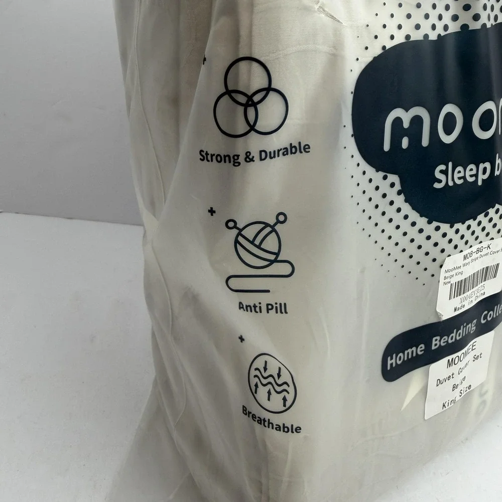 MooMee King Duvet Cover Set 100% Cotton Beige Wavy Stripe Soft Breathable Modern
